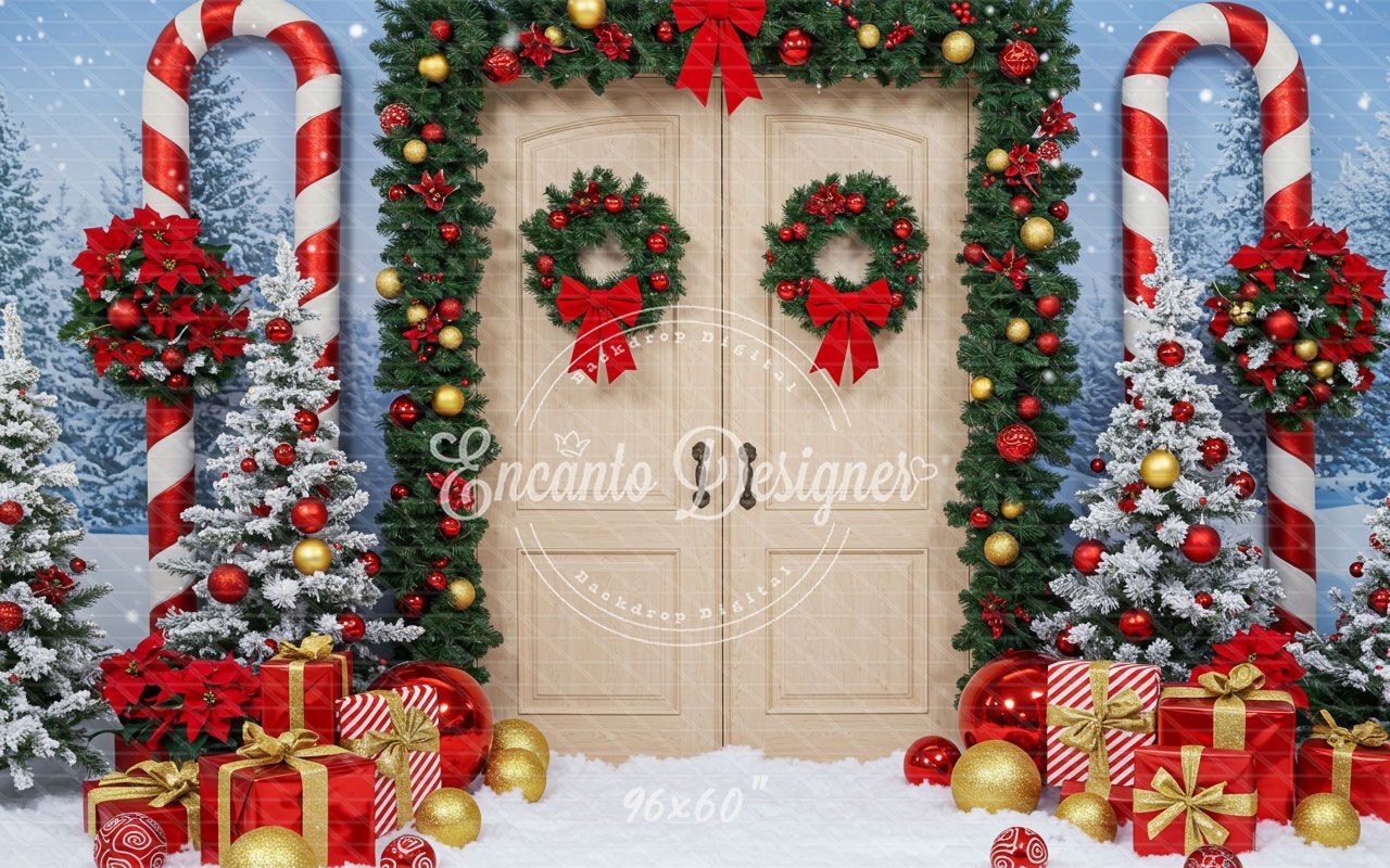 Wreaths Candy Canes Wooden Door Christmas Backdrop - Layoris