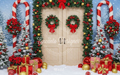 Wreaths Candy Canes Wooden Door Christmas Backdrop - Layoris