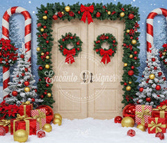 Wreaths Candy Canes Wooden Door Christmas Backdrop - Layoris