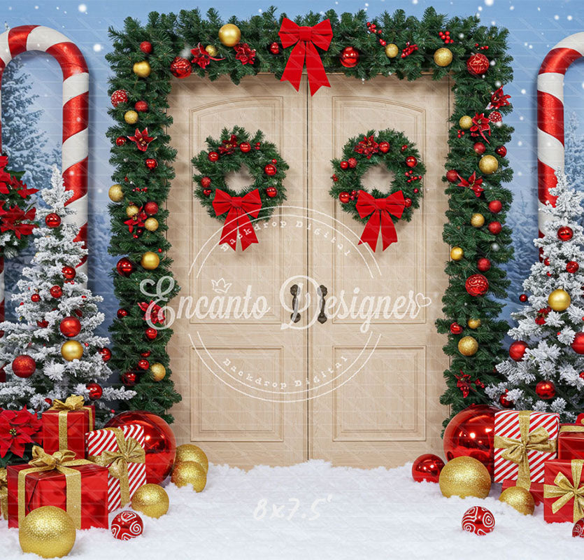 Wreaths Candy Canes Wooden Door Christmas Backdrop - Layoris