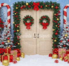 Wreaths Candy Canes Wooden Door Christmas Backdrop - Layoris