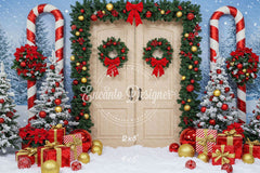 Wreaths Candy Canes Wooden Door Christmas Backdrop - Layoris