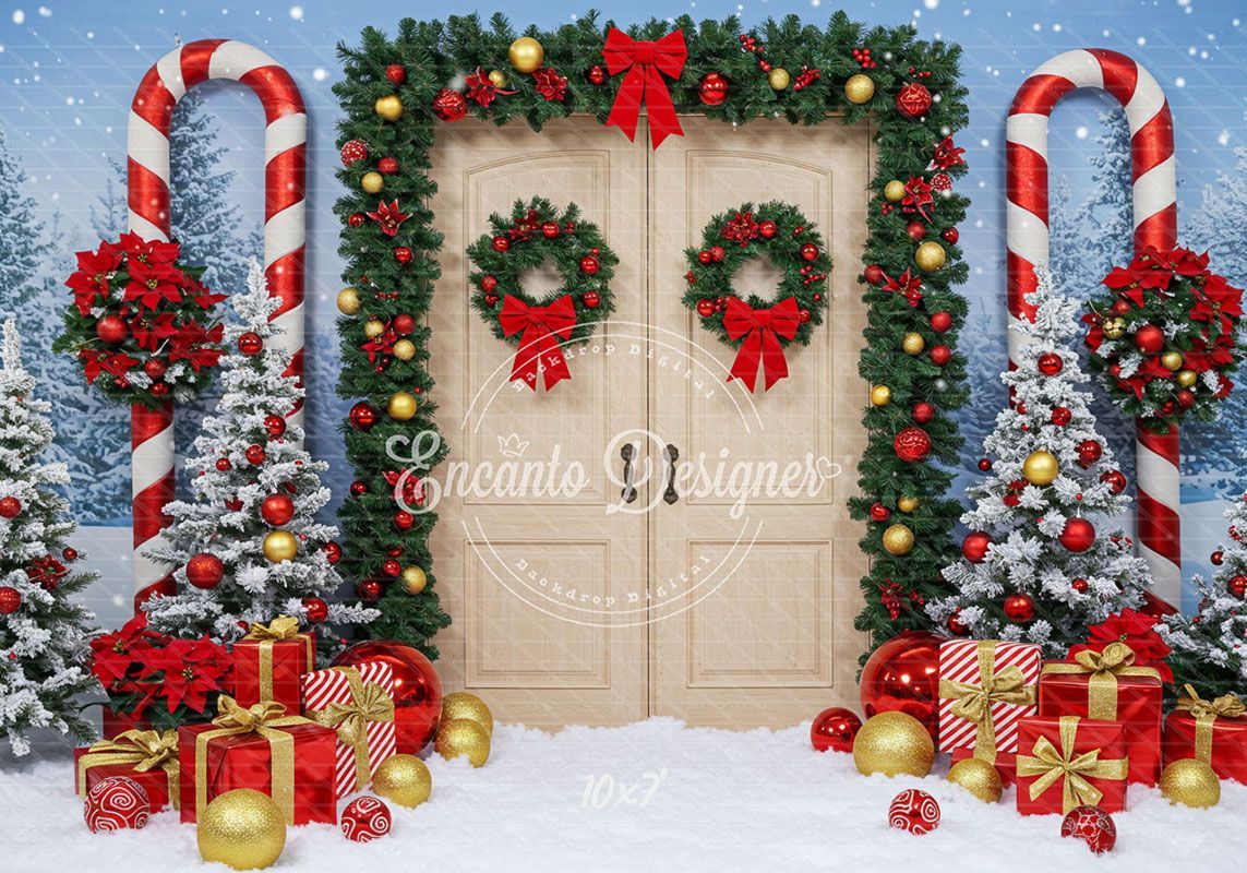 Wreaths Candy Canes Wooden Door Christmas Backdrop - Layoris