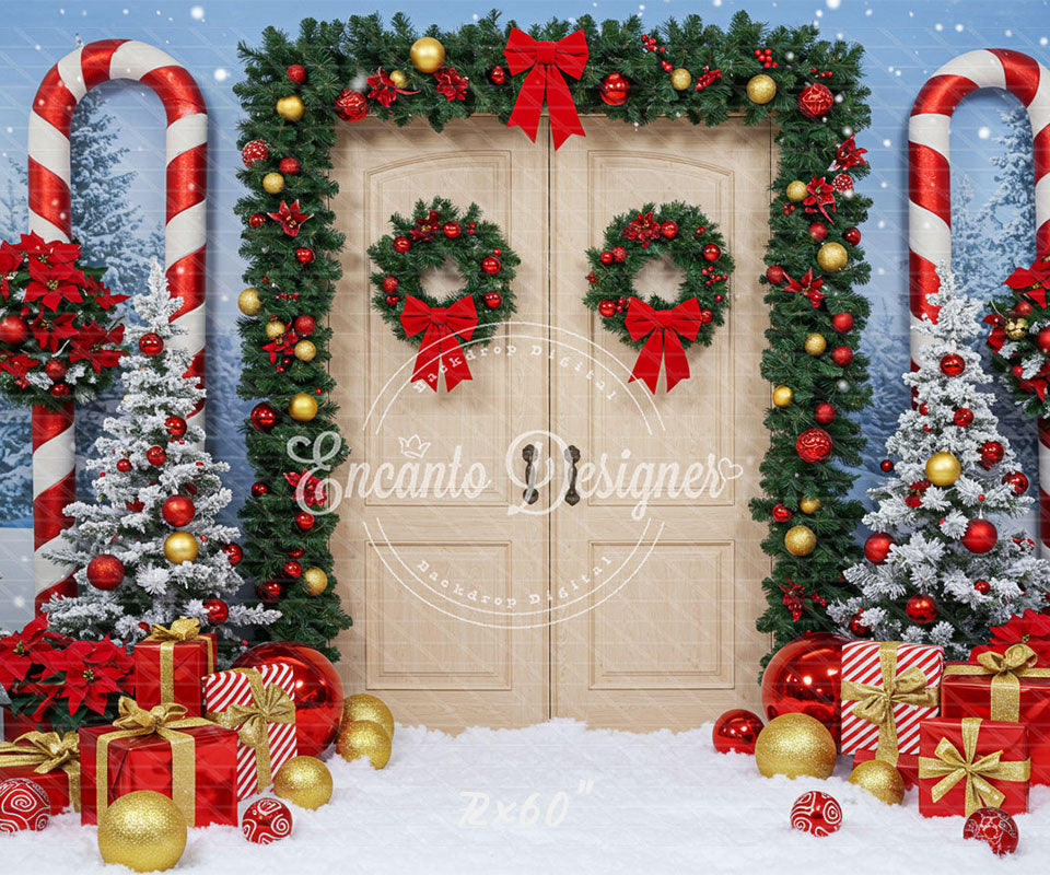 Wreaths Candy Canes Wooden Door Christmas Backdrop - Layoris