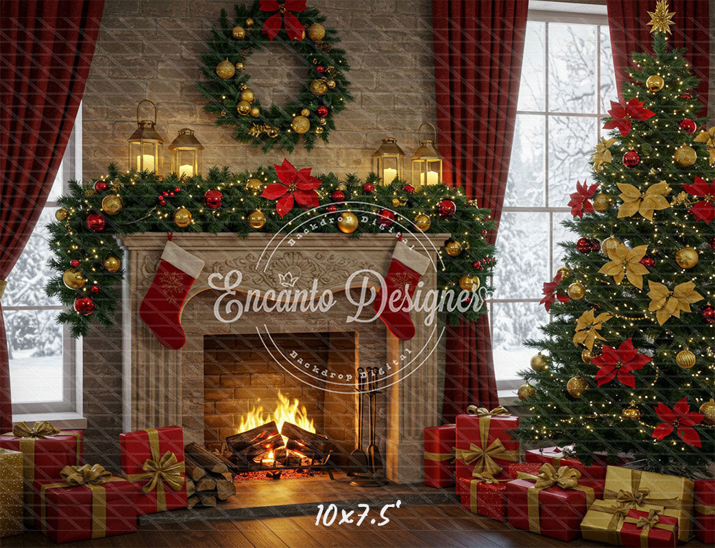 Red Gold Wreath Gift Tree With Candlelight Xmas Backdrop - Layoris