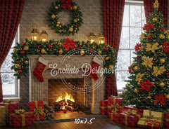 Red Gold Wreath Gift Tree With Candlelight Xmas Backdrop - Layoris