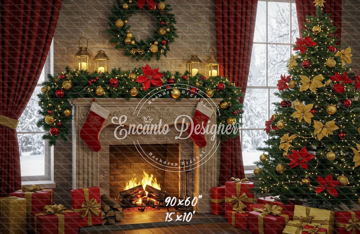 Red Gold Wreath Gift Tree With Candlelight Xmas Backdrop - Layoris