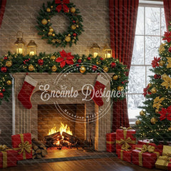 Red Gold Wreath Gift Tree With Candlelight Xmas Backdrop - Layoris