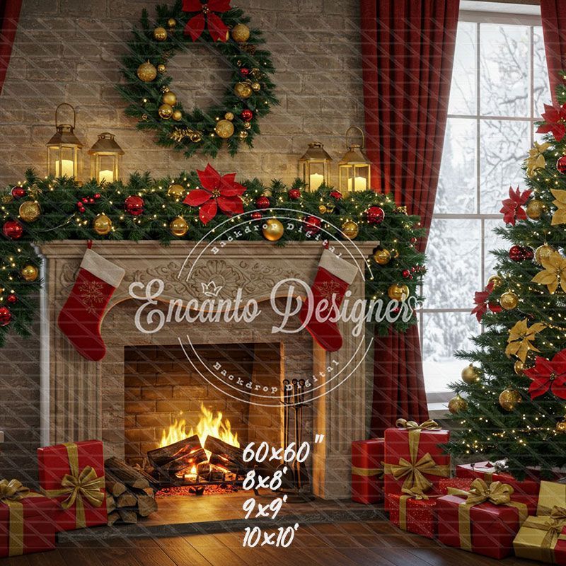 Red Gold Wreath Gift Tree With Candlelight Xmas Backdrop - Layoris