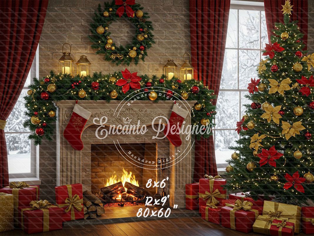 Red Gold Wreath Gift Tree With Candlelight Xmas Backdrop - Layoris