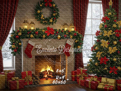 Red Gold Wreath Gift Tree With Candlelight Xmas Backdrop - Layoris