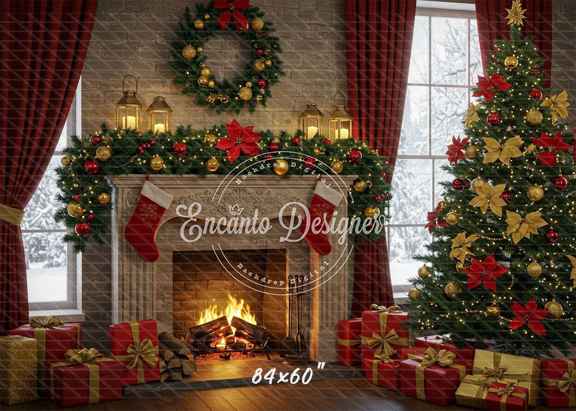 Red Gold Wreath Gift Tree With Candlelight Xmas Backdrop - Layoris