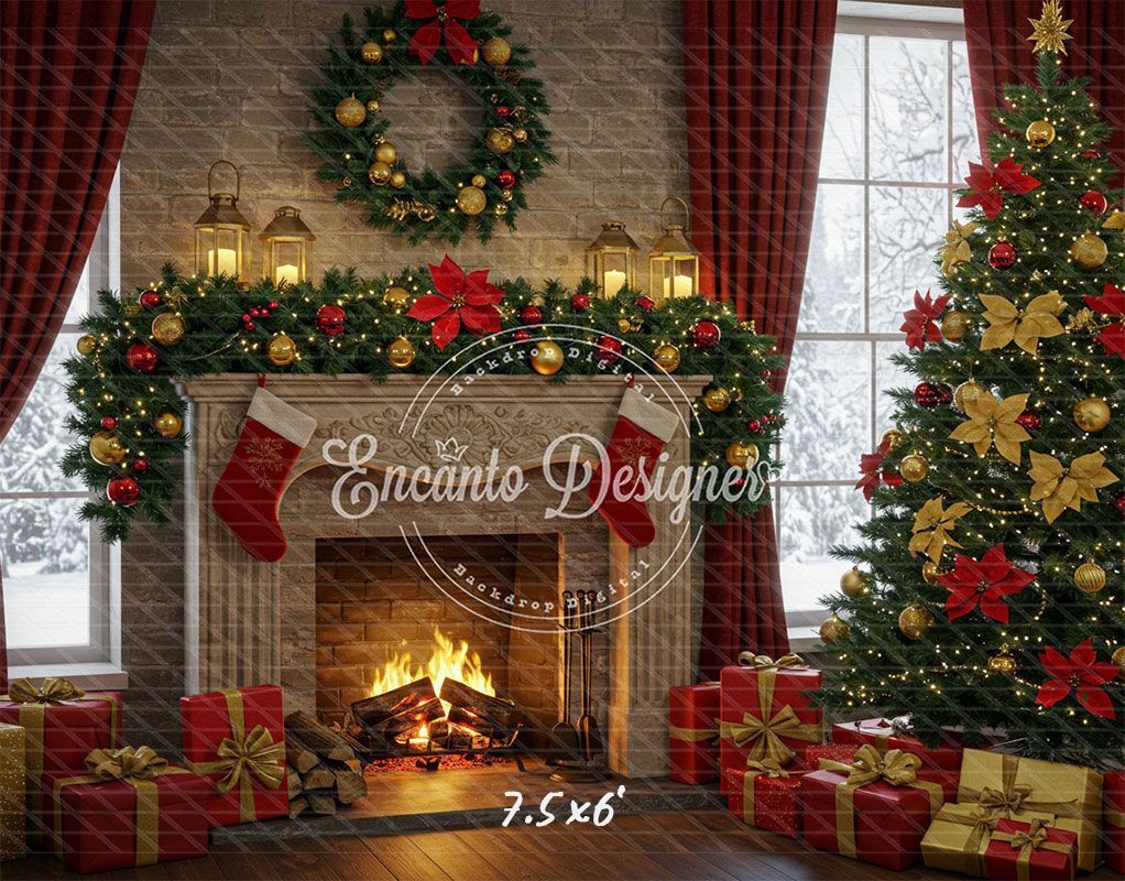 Red Gold Wreath Gift Tree With Candlelight Xmas Backdrop - Layoris