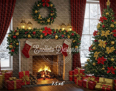 Red Gold Wreath Gift Tree With Candlelight Xmas Backdrop - Layoris