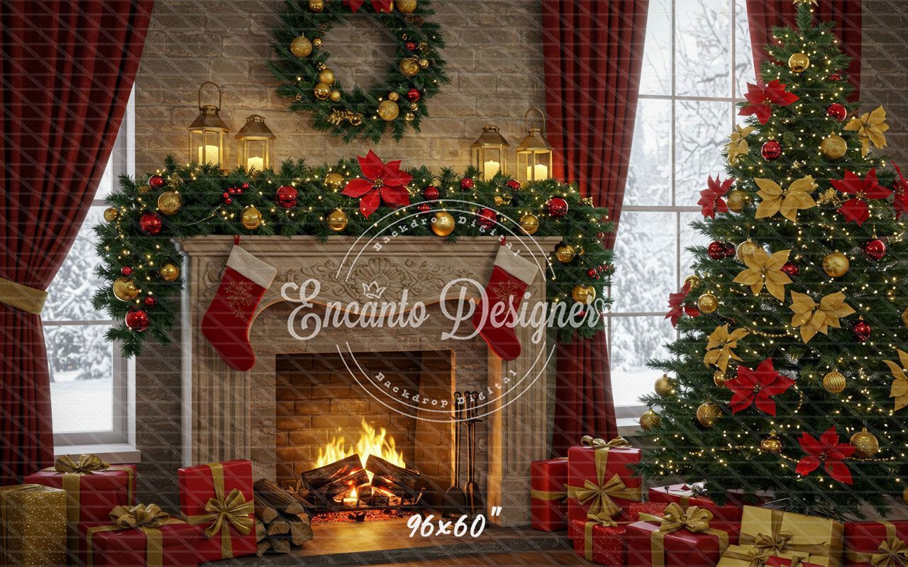 Red Gold Wreath Gift Tree With Candlelight Xmas Backdrop - Layoris