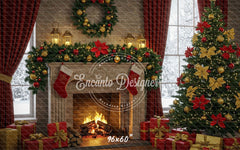 Red Gold Wreath Gift Tree With Candlelight Xmas Backdrop - Layoris