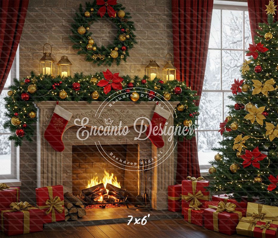 Red Gold Wreath Gift Tree With Candlelight Xmas Backdrop - Layoris