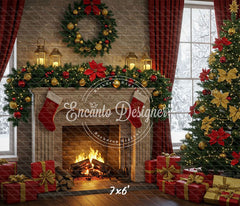 Red Gold Wreath Gift Tree With Candlelight Xmas Backdrop - Layoris