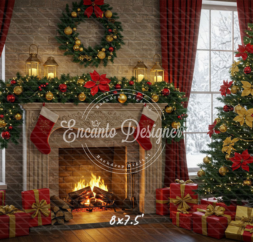 Red Gold Wreath Gift Tree With Candlelight Xmas Backdrop - Layoris