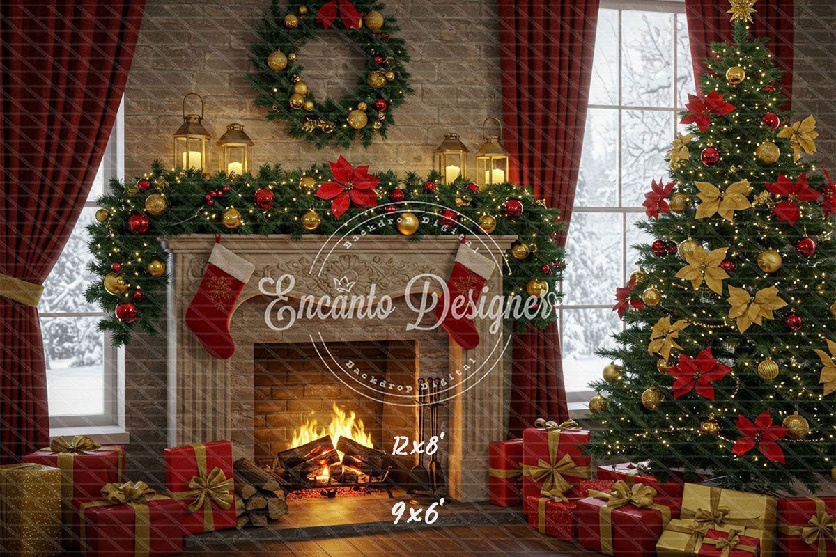 Red Gold Wreath Gift Tree With Candlelight Xmas Backdrop - Layoris