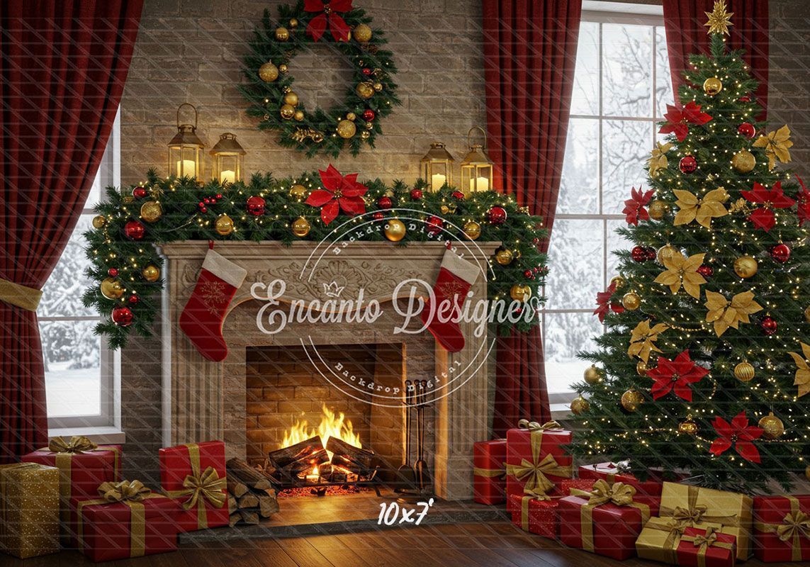 Red Gold Wreath Gift Tree With Candlelight Xmas Backdrop - Layoris