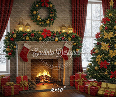 Red Gold Wreath Gift Tree With Candlelight Xmas Backdrop - Layoris