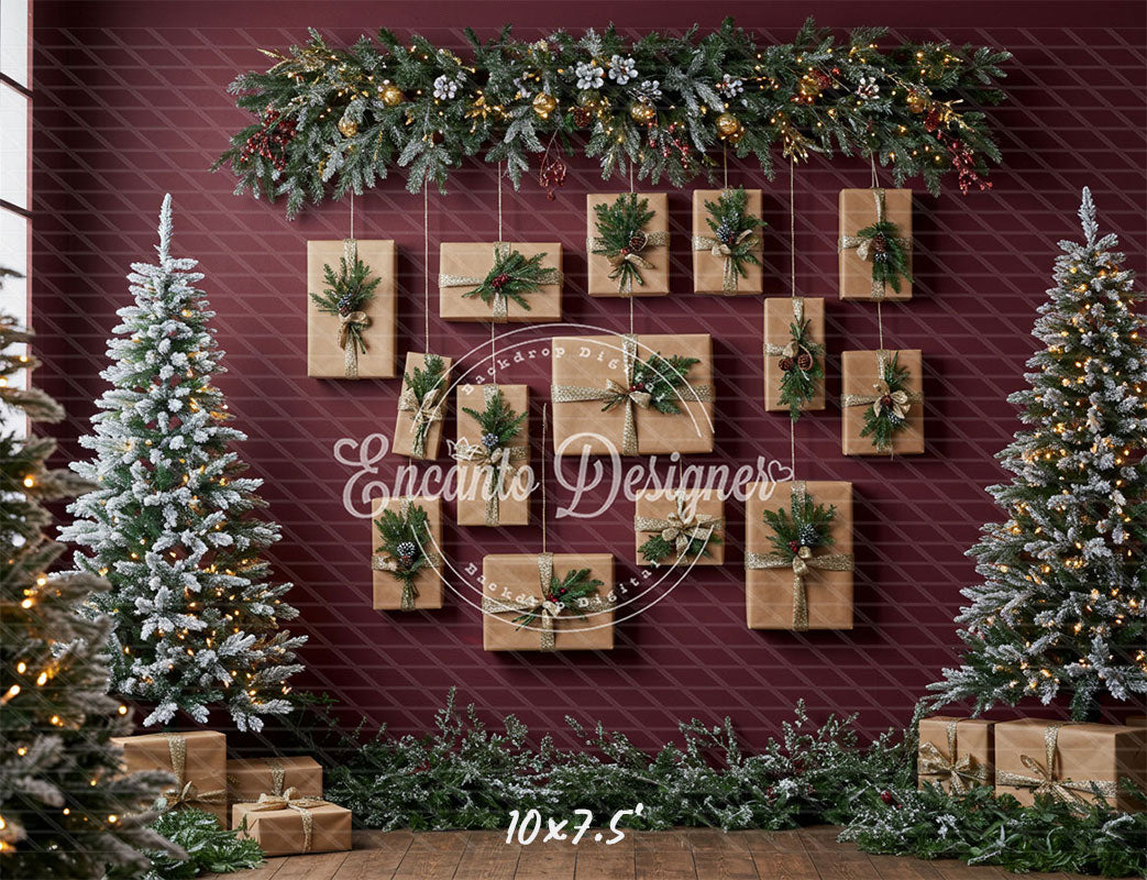 Kraft Paper Gift Tree Red Wall Christmas Backdrop - Layoris