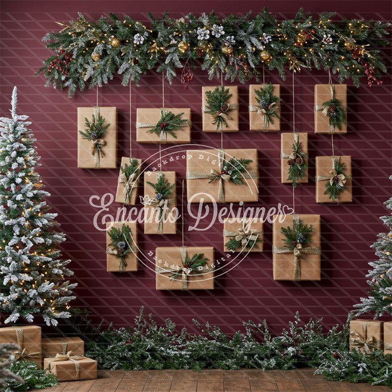 Kraft Paper Gift Tree Red Wall Christmas Backdrop - Layoris