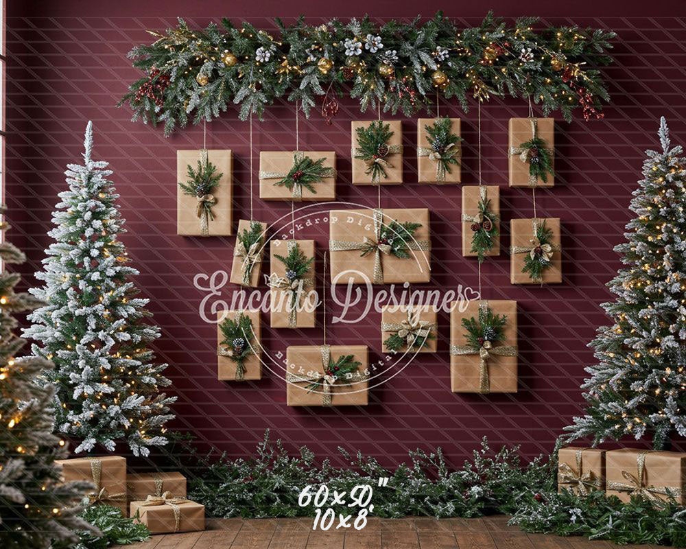 Kraft Paper Gift Tree Red Wall Christmas Backdrop - Layoris
