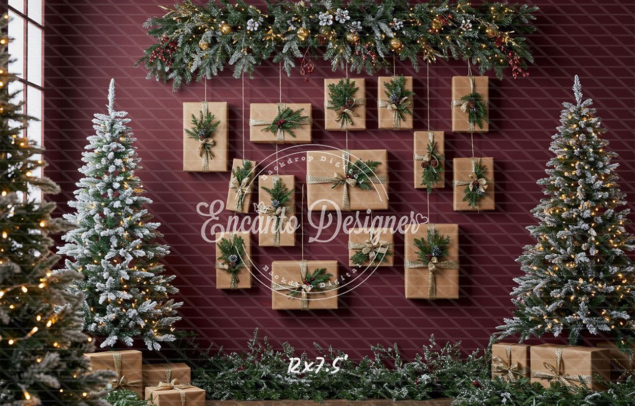 Kraft Paper Gift Tree Red Wall Christmas Backdrop - Layoris