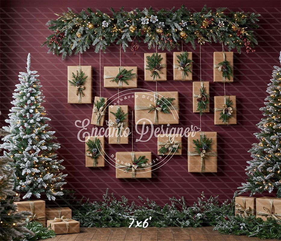 Kraft Paper Gift Tree Red Wall Christmas Backdrop - Layoris