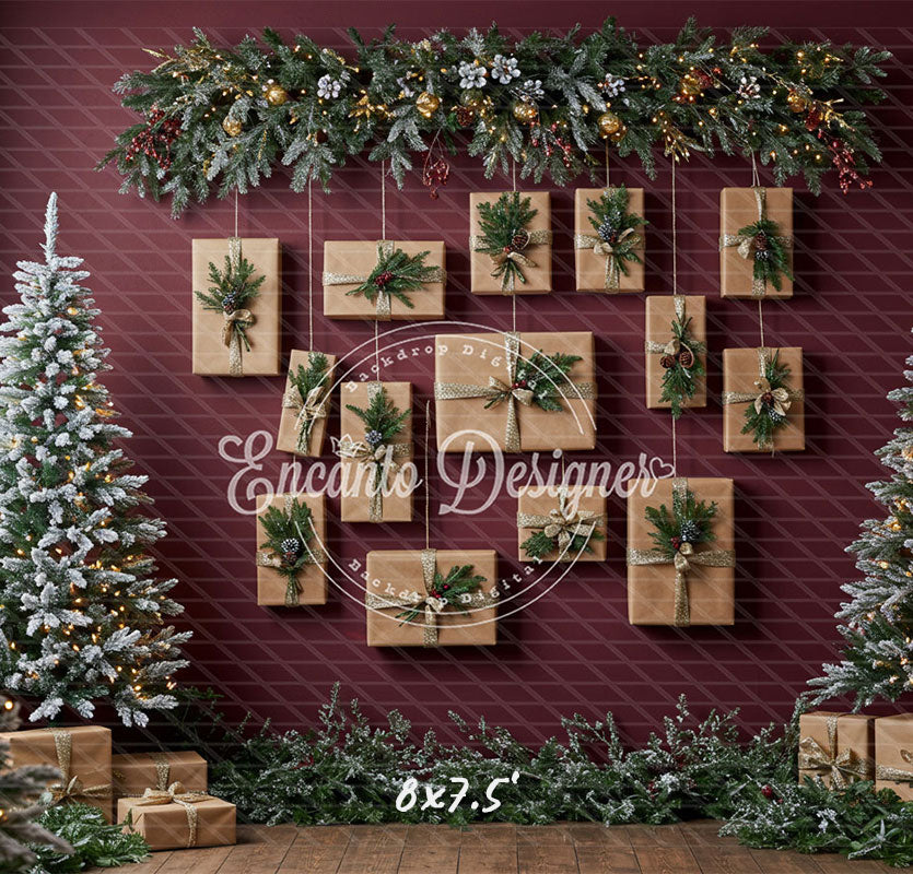 Kraft Paper Gift Tree Red Wall Christmas Backdrop - Layoris