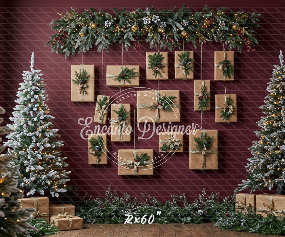 Kraft Paper Gift Tree Red Wall Christmas Backdrop - Layoris