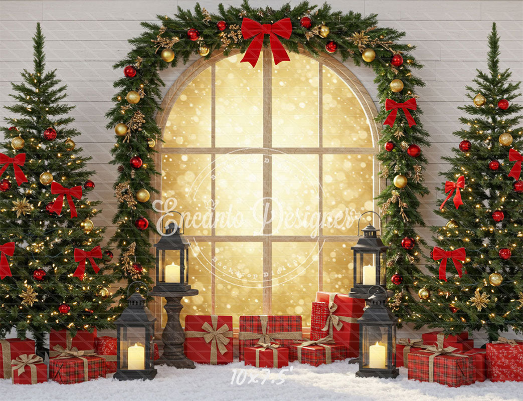Red Gold Arch Window Christmas Backdrop - Layoris