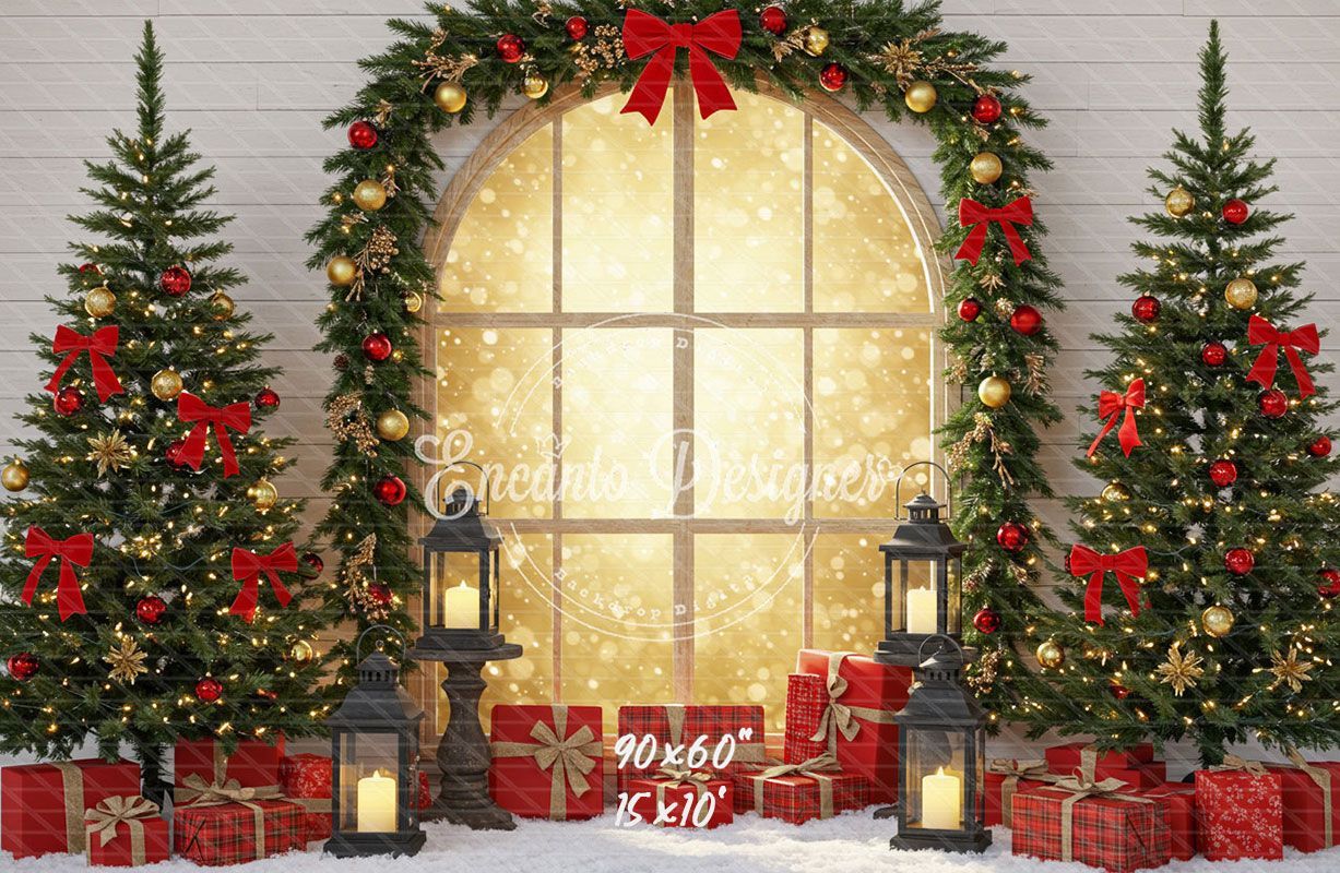 Red Gold Arch Window Christmas Backdrop - Layoris