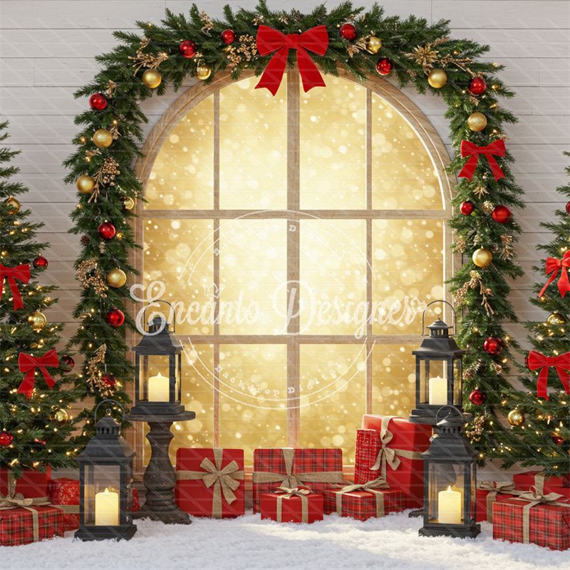 Red Gold Arch Window Christmas Backdrop - Layoris