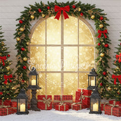 Red Gold Arch Window Christmas Backdrop - Layoris