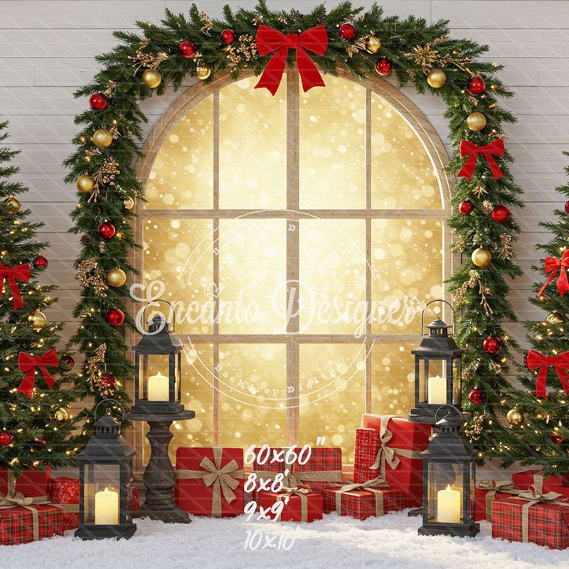 Red Gold Arch Window Christmas Backdrop - Layoris