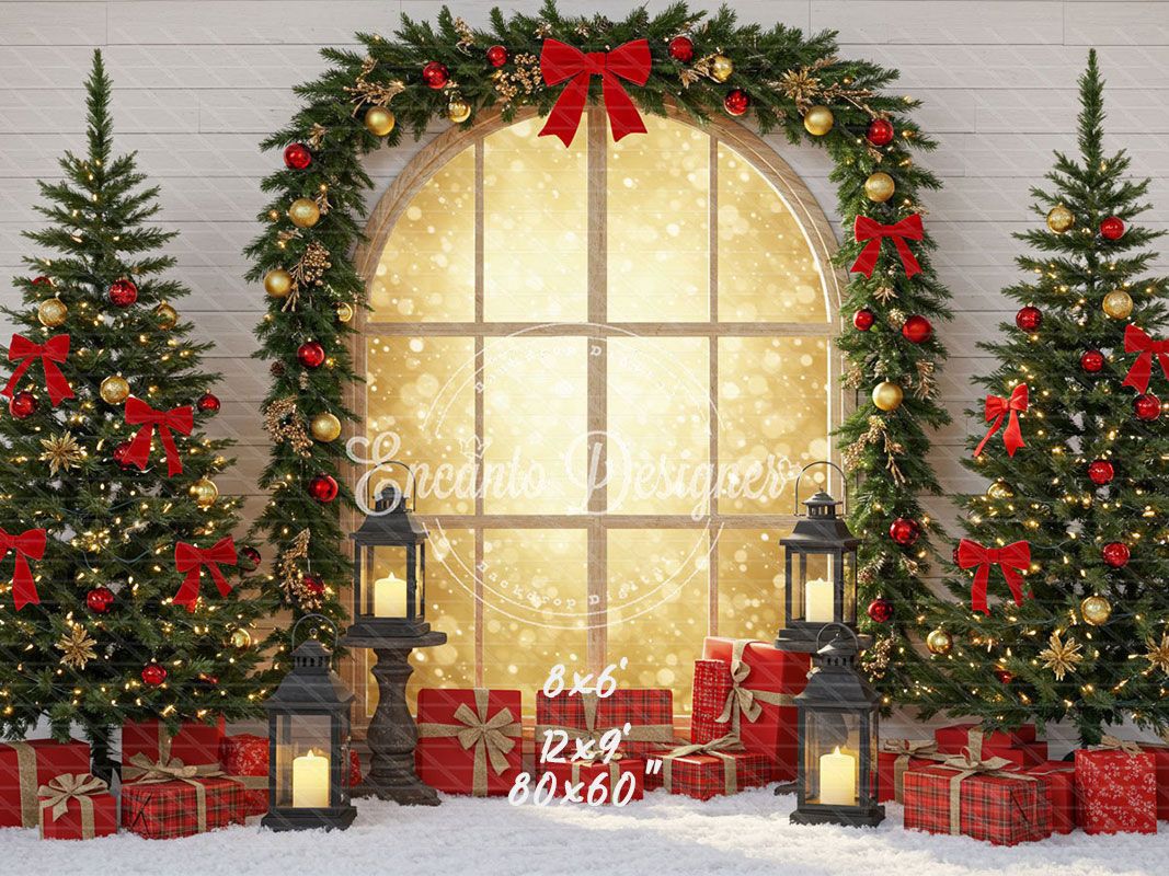 Red Gold Arch Window Christmas Backdrop - Layoris