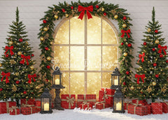 Red Gold Arch Window Christmas Backdrop - Layoris