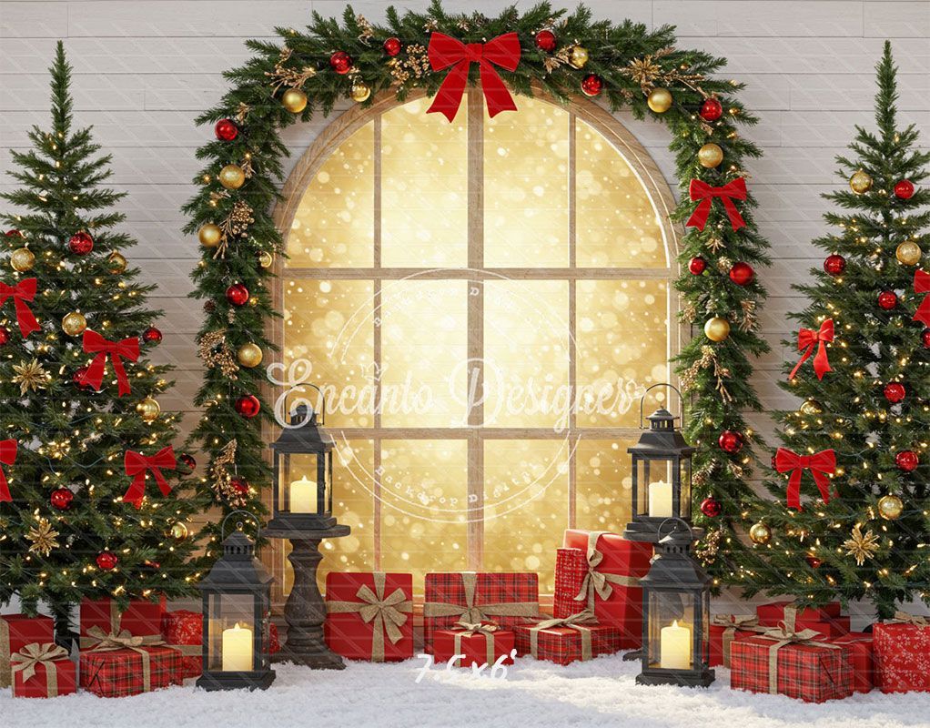 Red Gold Arch Window Christmas Backdrop - Layoris