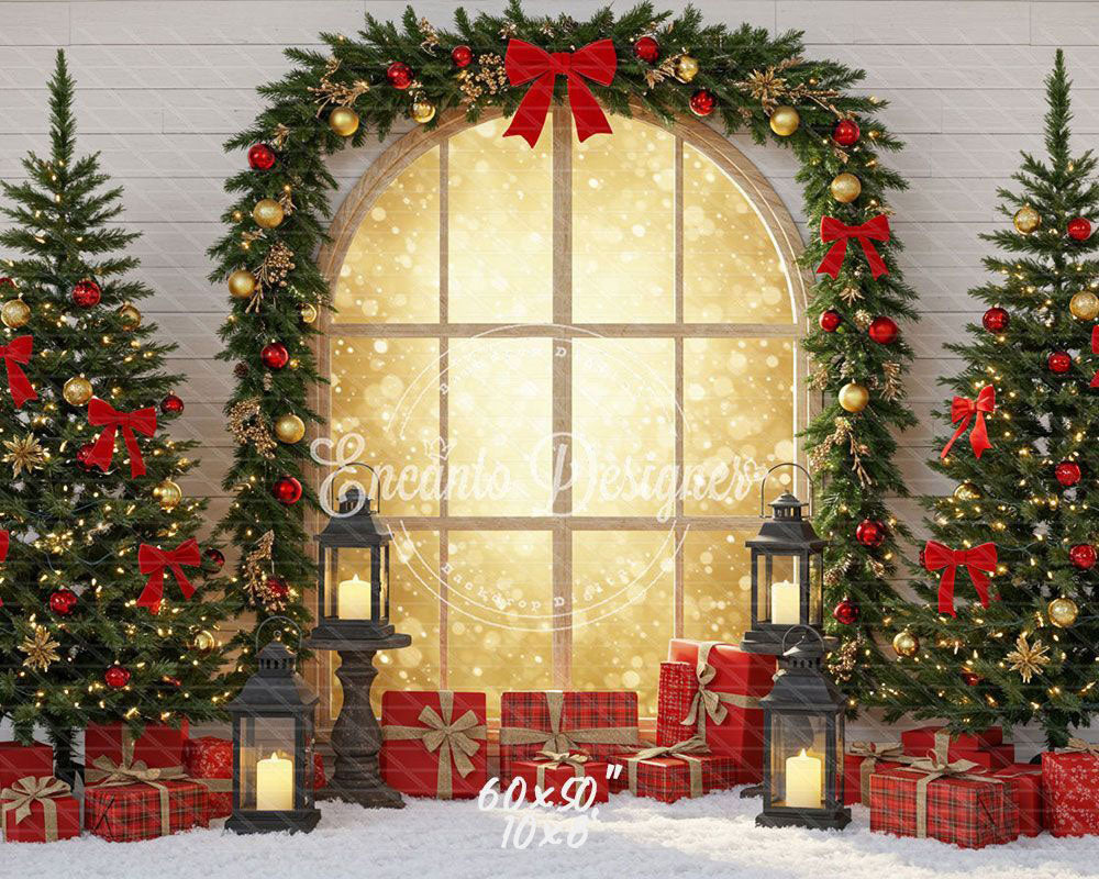 Red Gold Arch Window Christmas Backdrop - Layoris