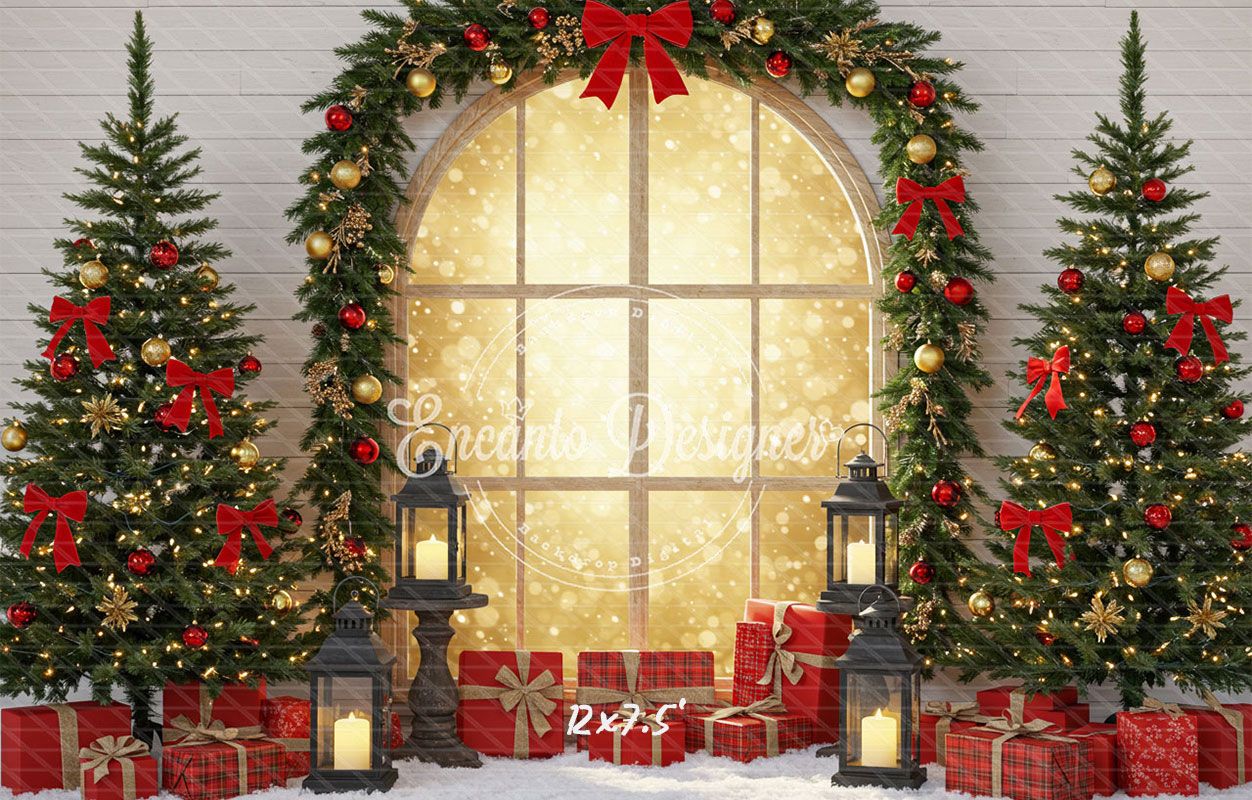 Red Gold Arch Window Christmas Backdrop - Layoris