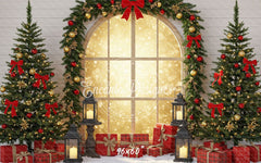 Red Gold Arch Window Christmas Backdrop - Layoris