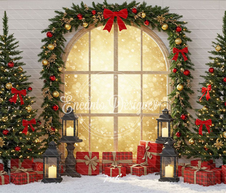 Red Gold Arch Window Christmas Backdrop - Layoris