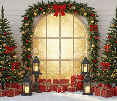 Red Gold Arch Window Christmas Backdrop - Layoris