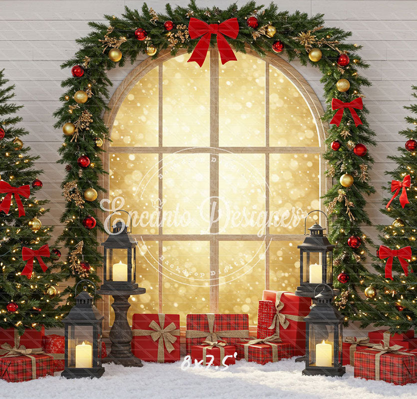 Red Gold Arch Window Christmas Backdrop - Layoris