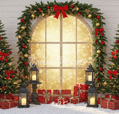 Red Gold Arch Window Christmas Backdrop - Layoris