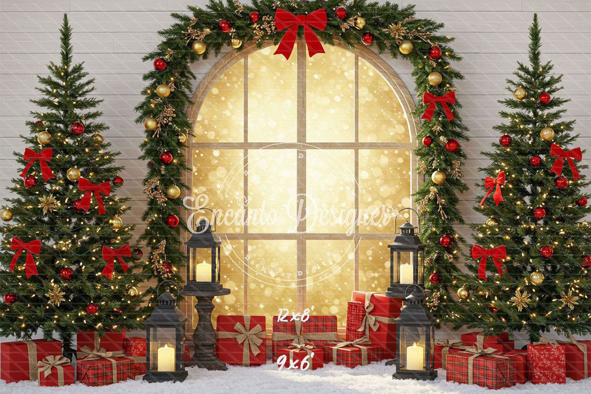 Red Gold Arch Window Christmas Backdrop - Layoris