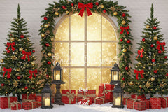 Red Gold Arch Window Christmas Backdrop - Layoris